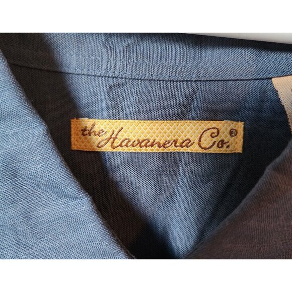 The Havanera Co Blue Embroidered Short Sleeve Button Up Shirt Size L Linen Blend - Picture 3 of 12